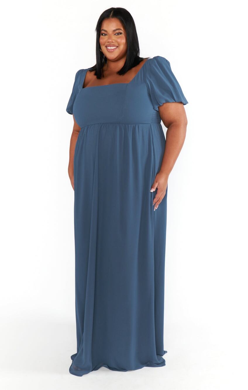 NWT Show Me Your Mumu Women’s 1x Nora Maxi Dress Slate Blue Chiffon Bridesmaid